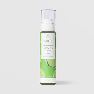 Rhonda Allison Acne Remedies Green Tea Tonic Salicylic Balance toner in a 120mL pump bottle with clear cap and light green label on a light gray background