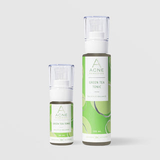 Rhonda Allison Acne Remedies Green Tea Tonic Salicylic Balance toner shown in both sizes: 30mL and 120mL pump bottles with clear caps and light green labels on a light gray background