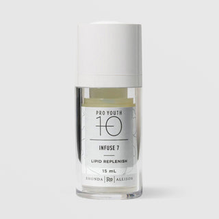 Rhonda Allison Pro Youth 10 Infuse 7 Lipid Replenish facial oil in a 15mL clear airless pump bottle with white cap and gray botanical label on a light gray background