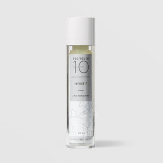Rhonda Allison Pro Youth 10 Infuse 7 Lipid Replenish facial oil in a 50mL clear airless pump bottle with white cap and gray botanical label on a light gray background