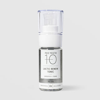 Rhonda Allison Pro Youth 10 Lactic Renew Tonic Smooth and Tone exfoliating toner in a 30mL clear pump bottle with clear cap and silver botanical label on a light gray background