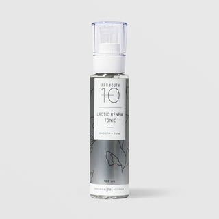 Rhonda Allison Pro Youth 10 Lactic Renew Tonic Smooth and Tone exfoliating toner in a 120mL clear pump bottle with clear cap and silver botanical label on a light gray background
