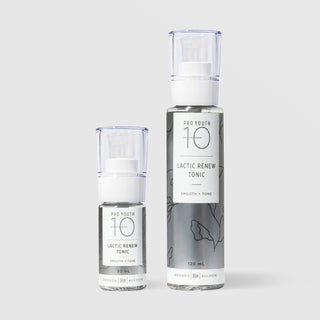 Rhonda Allison Pro Youth 10 Lactic Renew Tonic Smooth and Tone exfoliating toner shown in both sizes: 30mL and 120mL clear pump bottles with silver botanical labels on a light gray background