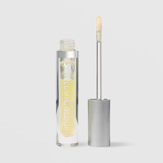 Rhonda Allison LumiColour Lip Restore Serum shown open with clear tube containing pale yellow serum and silver doe-foot applicator wand on a light gray background