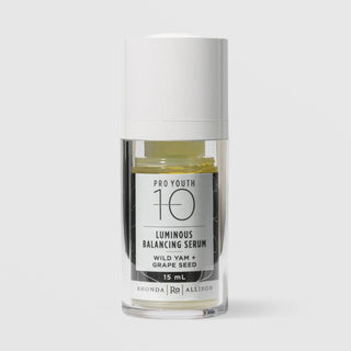 Rhonda Allison Pro Youth 10 Luminous Balancing Serum Wild Yam and Grape Seed facial oil in a 15mL clear airless pump bottle with white cap and black botanical label on a light gray background