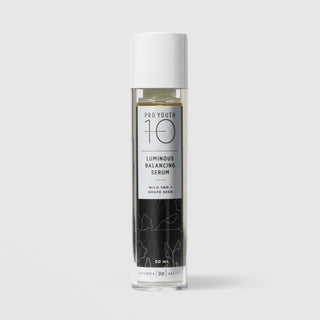 Rhonda Allison Pro Youth 10 Luminous Balancing Serum Wild Yam and Grape Seed facial oil in a 50mL clear airless pump bottle with white cap and black botanical label on a light gray background