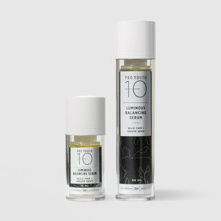 Rhonda Allison Pro Youth 10 Luminous Balancing Serum Wild Yam and Grape Seed facial oil shown in both sizes: 15mL and 50mL clear airless pump bottles with white caps and black botanical labels on a light gray background