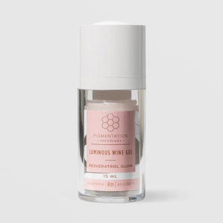 Rhonda Allison Pigmentation Solutions Luminous Wine Gel Resveratrol Glow serum in a 15mL clear airless pump bottle with white cap and blush pink honeycomb label on a light gray background