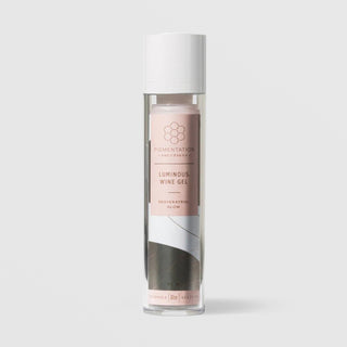 Rhonda Allison Pigmentation Solutions Luminous Wine Gel Resveratrol Glow serum in a 50mL clear airless pump bottle with white cap and blush pink honeycomb label on a light gray background