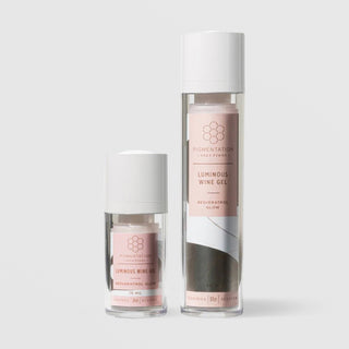 Rhonda Allison Pigmentation Solutions Luminous Wine Gel Resveratrol Glow serum shown in both sizes: 15mL and 50mL clear airless pump bottles with white caps and blush pink honeycomb labels on a light gray background