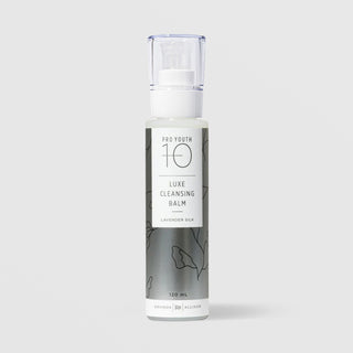 Rhonda Allison Pro Youth 10 Luxe Cleansing Balm Lavender Silk cleanser in a 120mL clear pump bottle with clear cap and silver botanical label on a light gray background