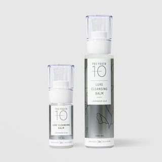 Rhonda Allison Pro Youth 10 Luxe Cleansing Balm Lavender Silk cleanser shown in both sizes: 30mL and 120mL clear pump bottles with silver botanical labels on a light gray background