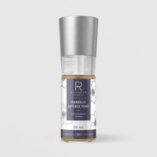 Rhonda Allison Rosacea Rescue Mandelic Defense Tonic Antioxidant Toner 30 mL in a clear bottle with silver cap and navy blue floral label on a light gray background