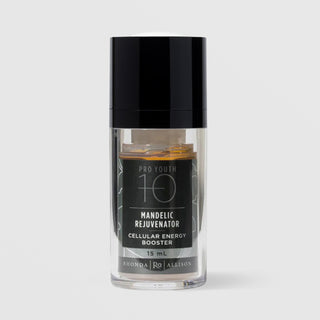 Rhonda Allison Pro Youth 10 Mandelic Rejuvenator Cellular Energy Booster 15 mL travel size in a clear airless pump bottle with glossy black cap showing amber serum inside and a dark botanical label on a light gray background