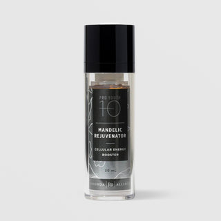 Rhonda Allison Pro Youth 10 Mandelic Rejuvenator Cellular Energy Booster 30 mL in a clear airless pump bottle with glossy black cap showing amber serum inside and a dark botanical label on a light gray background