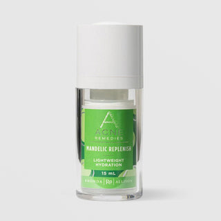 Rhonda Allison Acne Remedies Mandelic Replenish Lightweight Hydration 15 mL travel size in a clear airless pump bottle with white cap and green label on a light gray background