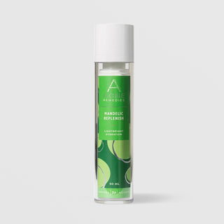 Rhonda Allison Acne Remedies Mandelic Replenish Lightweight Hydration 50 mL full size in a tall clear airless pump bottle with white cap and bold green circular patterned label on a light gray background