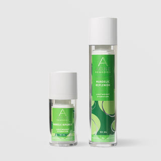 Rhonda Allison Acne Remedies Mandelic Replenish Lightweight Hydration in two sizes: 15 mL travel size and 50 mL full size, shown side by side in clear airless pump bottles with white caps and bright green circular patterned labels