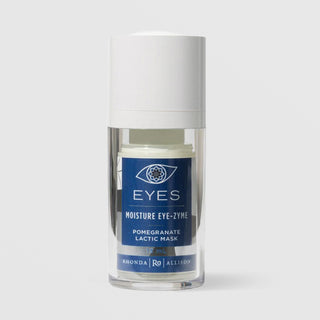 Rhonda Allison Eyes Moisture Eye-Zyme Pomegranate Lactic Mask in a 15mL clear airless pump bottle with white cap and navy blue label on a light gray background
