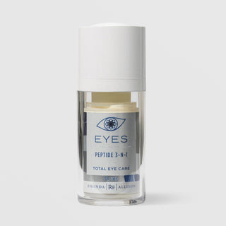 Rhonda Allison Eyes Peptide 3-N-1 Total Eye Care 15 mL in a clear airless pump bottle with white cap and silver and blue eye motif label on a light gray background
