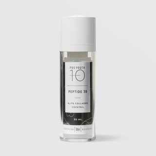 Rhonda Allison Pro Youth 10 Peptide 38 Elite Collagen Cocktail 30 mL in a clear airless pump bottle with white cap and black and white botanical label on a light gray background