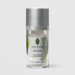 Rhonda Allison Skin Rehab Pro Salve Occlusive Protection 15 mL in a clear airless pump bottle with silver cap and gray and green botanical patterned label on a light gray background