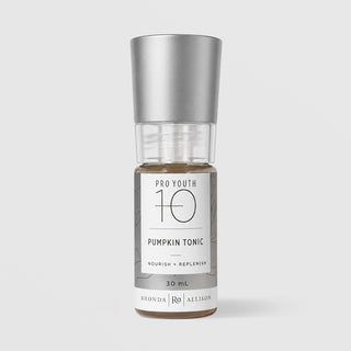 Rhonda Allison Pro Youth 10 Pumpkin Tonic Nourish and Replenish 30 mL in a clear pump bottle with silver cap showing warm amber toner inside and a gray botanical label on a light gray background