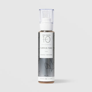 Rhonda Allison Pro Youth 10 Pumpkin Tonic Nourish and Replenish 120 mL in a tall clear pump bottle with white pump head showing warm amber toner inside and a gray botanical label on a light gray background