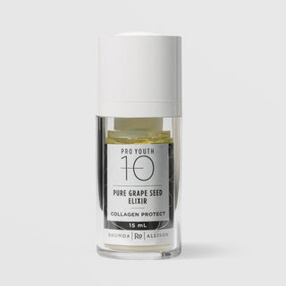 Rhonda Allison Pro Youth 10 Pure Grape Seed Elixir Collagen Protect 15 mL travel size in a clear airless pump bottle with white cap showing pale yellow oil inside and a black and gray botanical label on a light gray background
