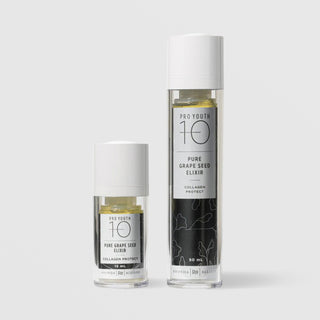 Rhonda Allison Pro Youth 10 Pure Grape Seed Elixir Collagen Protect in two sizes: 15 mL travel size and 50 mL full size, shown side by side in clear airless pump bottles with white caps showing pale yellow oil inside and black botanical labels on a light gray background