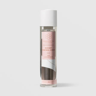 Rhonda Allison Pigmentation Solutions Radiant Renewal Serum EGF Concentrate 50 mL in a tall clear airless pump bottle with white cap and blush pink honeycomb patterned label on a light gray background