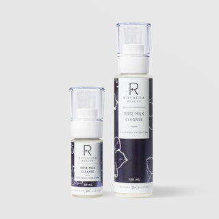 Rhonda Allison Rosacea Rescue Rose Milk Cleanse Soothing Hydration in two sizes: 30 mL travel size and 120 mL full size, shown side by side in white pump bottles with navy blue rose floral patterned labels on a light gray background