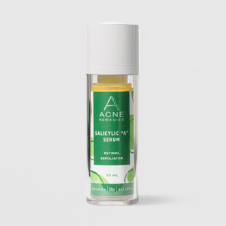 Rhonda Allison Acne Remedies Salicylic A Serum Retinol Exfoliator 30 mL in a clear airless pump bottle with white cap and green circular patterned label on a light gray background