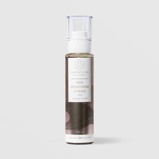 Rhonda Allison Pigmentation Solutions Skin Brightening Cleanse Radiant Glow 120 mL full size in a tall clear pump bottle with white pump head and mocha brown abstract patterned label on a light gray background