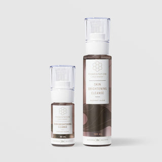 Rhonda Allison Pigmentation Solutions Skin Brightening Cleanse Radiant Glow in two sizes: 30 mL travel size and 120 mL full size, shown side by side in clear pump bottles with white pump heads and mocha brown abstract patterned labels on a light gray background