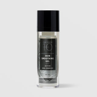 Rhonda Allison Pro Youth 10 Skin Smoothing Gel Active AHA Complex 30 mL in a clear airless pump bottle with glossy black cap and black botanical label on a light gray background