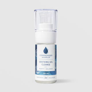 Rhonda Allison Compromised Barrier Soothing Gel Cleanse Purify and Balance 30 mL travel size in a clear pump bottle with blue and white lotus floral patterned label on a light gray background