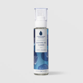 Rhonda Allison Compromised Barrier Soothing Gel Cleanse Purify and Balance 120 mL full size in a clear pump bottle with blue lotus floral patterned label on a light gray background