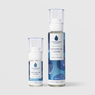 Rhonda Allison Compromised Barrier Soothing Gel Cleanse Purify and Balance in two sizes: 30 mL travel size and 120 mL full size, shown side by side in clear pump bottles with blue lotus floral patterned labels on a light gray background