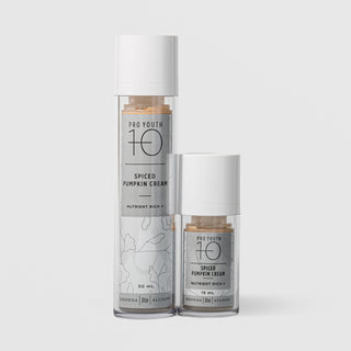 Rhonda Allison Pro Youth 10 Spiced Pumpkin Cream nutrient rich anti-aging moisturizer shown in both 50mL and 15mL airless pump sizes