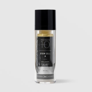 Rhonda Allison Pro Youth 10 Stem Cell A Collagen Synthesis serum in a 30mL clear airless pump bottle with glossy black cap and black botanical label on a light gray background