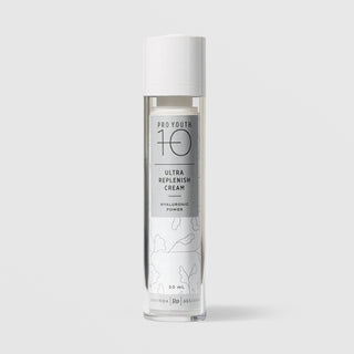 Rhonda Allison Pro Youth 10 Ultra Replenish Cream Hyaluronic Power 50 mL full size in a tall clear airless pump bottle with white cap and silver gray botanical label on a light gray background