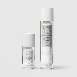 Rhonda Allison Pro Youth 10 Ultra Replenish Cream Hyaluronic Power in two sizes: 15 mL travel size and 50 mL full size, shown side by side in clear airless pump bottles with white caps and silver gray botanical labels on a light gray background