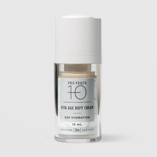 Rhonda Allison Pro Youth 10 Vita Age Defy Cream EGF Hydration 15 mL travel size in a clear airless pump bottle with white cap on a light gray background