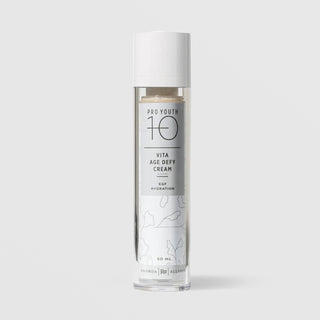 Rhonda Allison Pro Youth 10 Vita Age Defy Cream EGF Hydration 50 mL full size in a tall clear airless pump bottle with white cap and botanical line art label on a light gray background