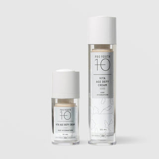 Rhonda Allison Pro Youth 10 Vita Age Defy Cream EGF Hydration in two sizes: 15 mL travel size and 50 mL full size, shown side by side in clear airless pump bottles with white caps