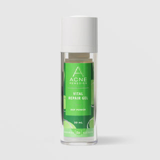 Rhonda Allison Acne Remedies Vital Repair Gel EGF Power 30 mL in a clear airless pump bottle with white cap and bright green circular patterned label on a light gray background