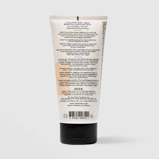 Back of SEEN Curly Creme tube showing usage instructions, ingredient claims, and bilingual English and French text, against a light gray background.