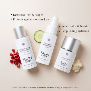 Skin Script Fully Quenched Travel Kit bottles with pomegranate and cucumber – 3-step hydration routine for dry and dehydrated skin