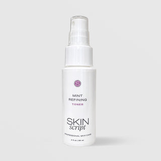Skin Script Mint Refining Toner 2 fl oz 60ml white spray pump bottle with purple label on grey background
